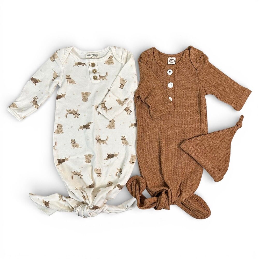 Rabbit Bear Emily Oliver Knotted Gown Set 2 Pack Dog Print Rust Waffle 0-3M